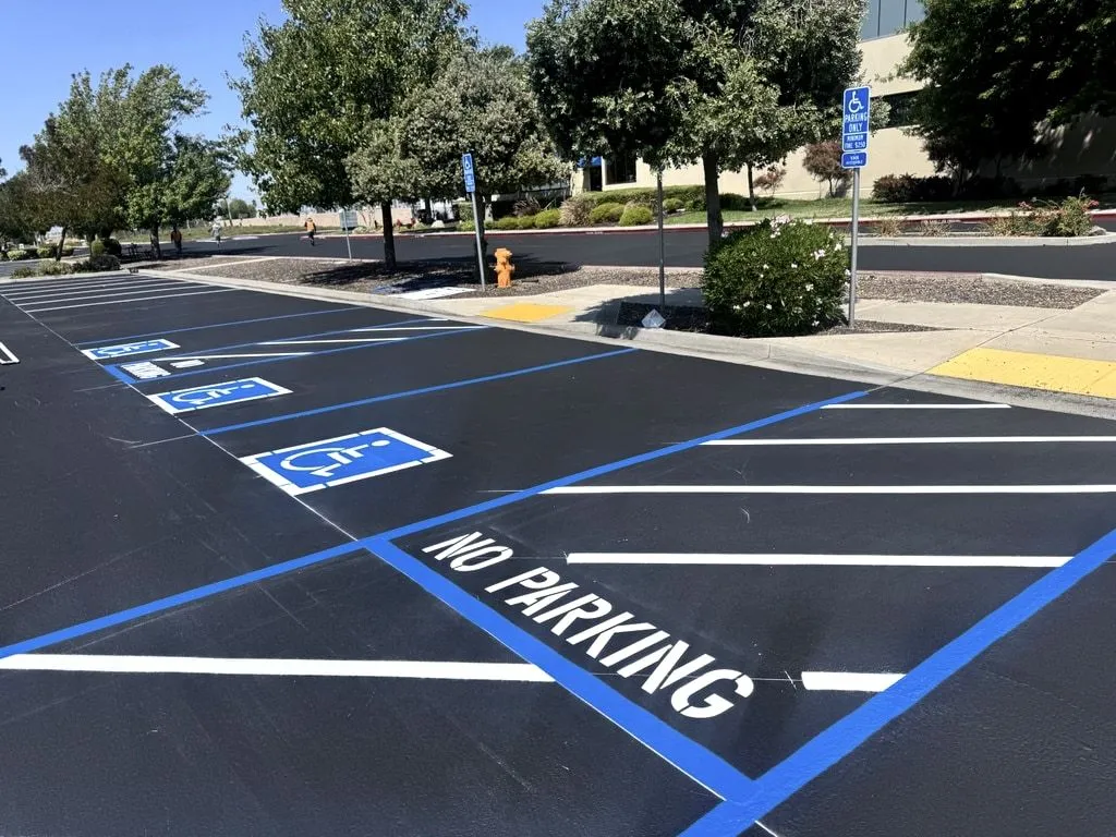 A row of blue-striped accessible stalls with posted signs and a yellow detectable warning pad at the curb ramp.