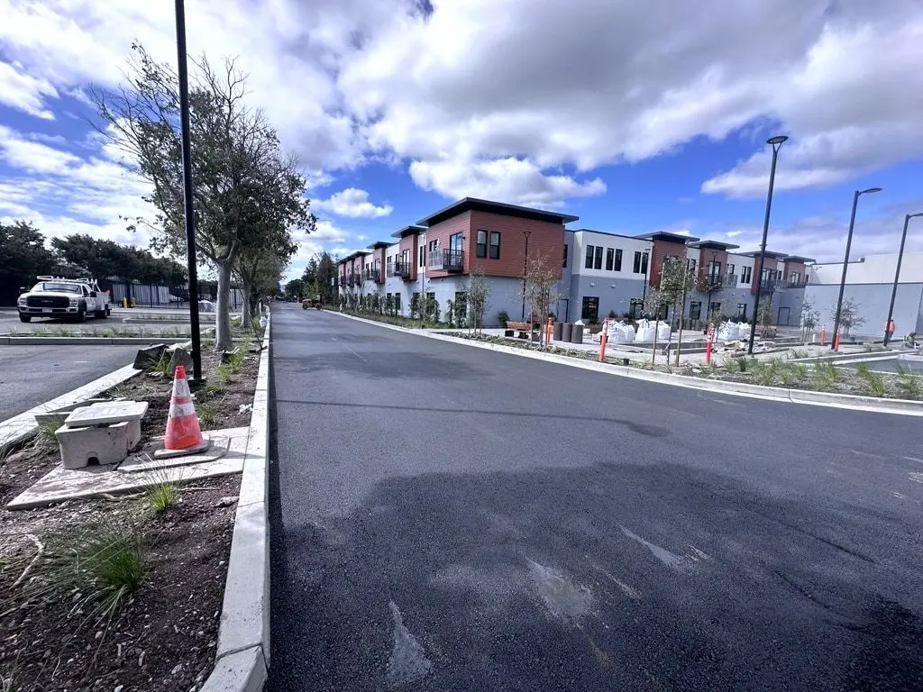 A newly paved street between concrete curbs, with planters and new housing along one side.